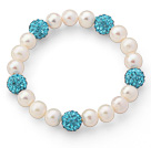 A Grade Round White Freshwater Pearl and Lake Blue Color Rhinestone Ball Stretch Beaded Bangle Bracelet