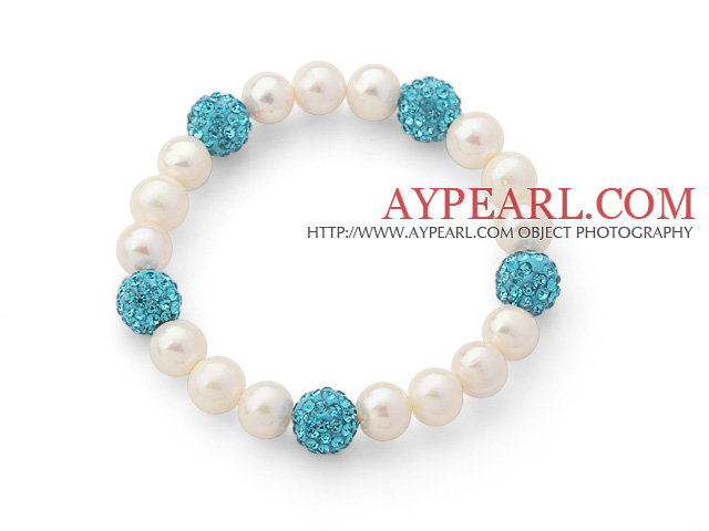 A Grade Round White Freshwater Pearl and Lake Blue Color Rhinestone Ball Stretch Beaded Bangle Bracelet
