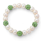 A Grade Round White Freshwater Pearl and Apple Green Color Rhinestone Ball Stretch Beaded Bangle Bracelet