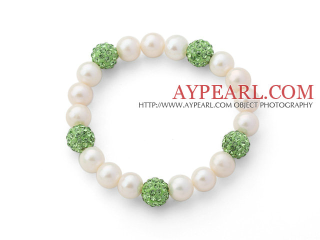 En Grade Rund Vit Sötvatten Pearl och Apple Grön Färg STRASS Ball Stretch Beaded Bangle Armband