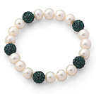 Wholesale A Grade Round White Freshwater Pearl and Peacock Green Color Rhinestone Ball Stretch Beaded Bangle Bracelet