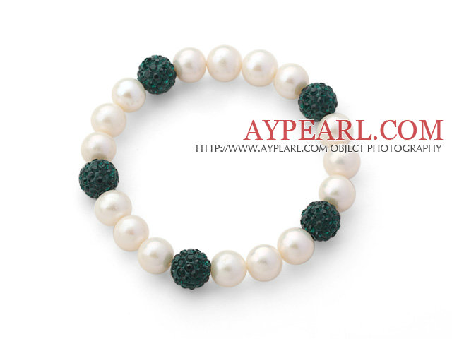 A Grade Round White Freshwater Pearl and Peacock Green Color Rhinestone Ball Stretch Beaded Bangle Bracelet