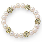 A Grade Round White Freshwater Pearl and Light Yellow Color Rhinestone Ball Stretch Beaded Bangle Bracelet