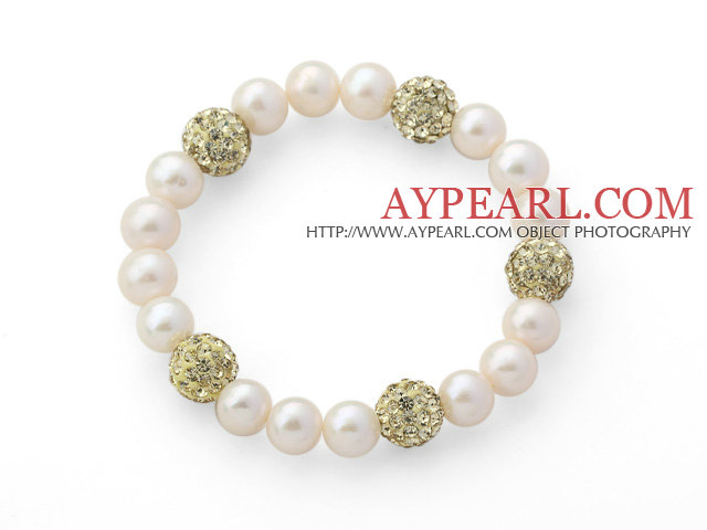 A Grade Round White Freshwater Pearl and Light Yellow Color Rhinestone Ball Stretch Beaded Bangle Bracelet