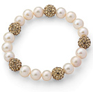 Wholesale A Grade Round White Freshwater Pearl and Amber Color Rhinestone Ball Stretch Beaded Bangle Bracelet