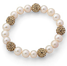 A Grade Round White Freshwater Pearl and Amber Color Rhinestone Ball Stretch Beaded Bangle Bracelet