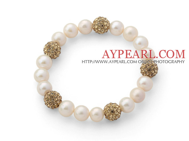 A Grade Round White Freshwater Pearl and Amber Color Rhinestone Ball Stretch Beaded Bangle Bracelet