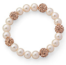 Wholesale A Grade Round White Freshwater Pearl and Champagne Goden Color Rhinestone Ball Stretch Beaded Bangle Bracelet