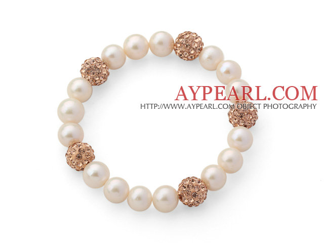 A Grade Round White Freshwater Pearl and Champagne Goden Color Rhinestone Ball Stretch Beaded Bangle Bracelet