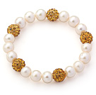 Wholesale A Grade Round White Freshwater Pearl and Yellow Golden Color Rhinestone Ball Stretch Beaded Bangle Bracelet