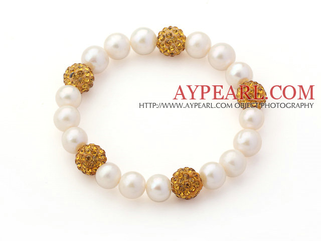 A Grade Round White Freshwater Pearl and Yellow Golden Color Rhinestone Ball Stretch Beaded Bangle Bracelet