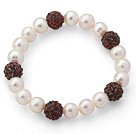 A Grade Round White Freshwater Pearl and Reddish Brown Color Rhinestone Ball Stretch Beaded Bangle Bracelet