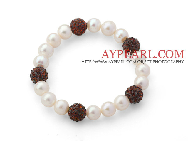 A Grade Round White Freshwater Pearl and Reddish Brown Color Rhinestone Ball Stretch Beaded Bangle Bracelet