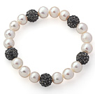 A Grade Round White Freshwater Pearl and Dark Gray Color Rhinestone Ball Stretch Beaded Bangle Bracelet