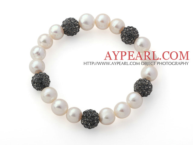 Α Βαθμού Round White Pearl γλυκού νερού και σκούρο γκρι χρώμα τεχνητό διαμάντι Stretch Ball Beaded βραχιόλι βαρύ βραχιόλι