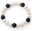 A Grade Round White Freshwater Pearl and Black Color Rhinestone Ball Stretch Beaded Bangle Bracelet