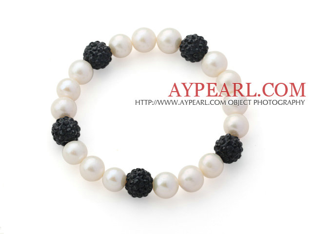 A Grade Round White Freshwater Pearl and Black Color Rhinestone Ball Stretch Beaded Bangle Bracelet