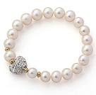A Grade Round White Freshwater Pearl and White Color Heart Shape Rhinestone Stretch Beaded Bangle Bracelet