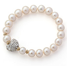 Α Βαθμού Round White Pearl γλυκού νερού και White Heart Color Stretch σχήμα τεχνητό διαμάντι Beaded βραχιόλι βαρύ βραχιόλι