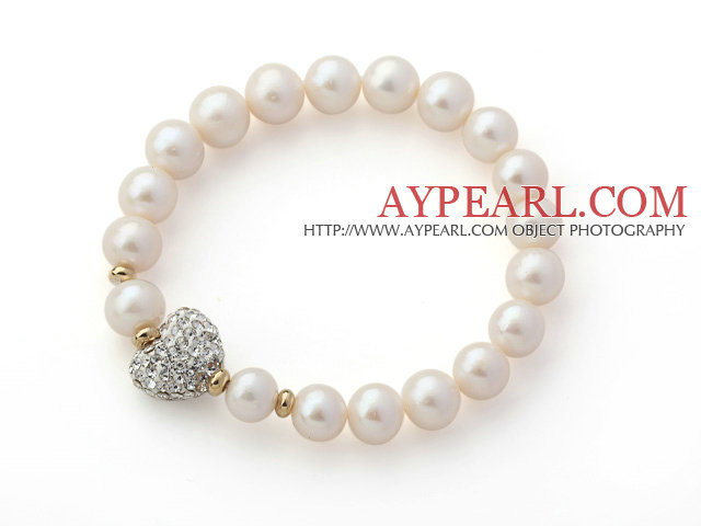 A Grade Round White Freshwater Pearl and White Color Heart Shape Rhinestone Stretch Beaded Bangle Bracelet