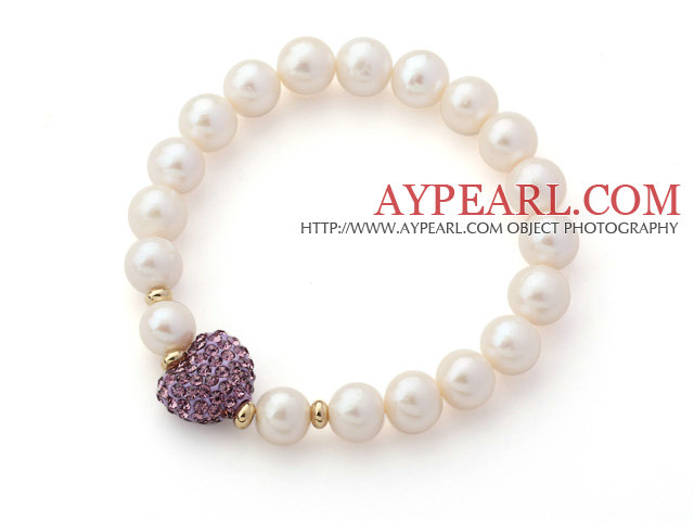 A Grade Round White Freshwater Pearl and Violet Purple Color Heart Shape Rhinestone Stretch Beaded Bangle Bracelet