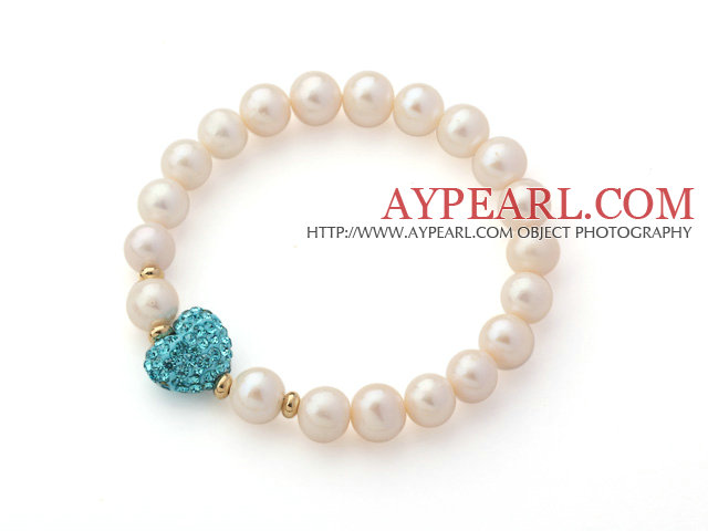 A Grade Round White Freshwater Pearl and Lake Blue Color Heart Shape Rhinestone Stretch Beaded Bangle Bracelet