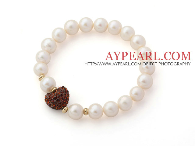 A Grade Round White Freshwater Pearl and Yellow Brown Color Heart Shape Rhinestone Stretch Beaded Bangle Bracelet