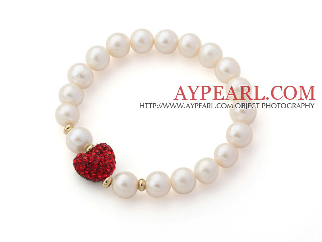 A Grade Round White Freshwater Pearl and Red Color Heart Shape Rhinestone Stretch Beaded Bangle Bracelet