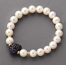 Wholesale A Grade Round White Freshwater Pearl and Dark Purple Color Heart Shape Rhinestone Stretch Beaded Bangle Bracelet