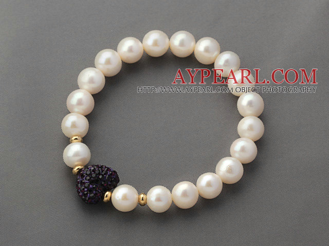 A Grade Round White Freshwater Pearl and Dark Purple Color Heart Shape Rhinestone Stretch Beaded Bangle Bracelet