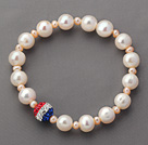 Round White Freshwater Pearl and Small Pink Pearl and Fashion Rhinestone Ball Stretch Beaded Bangle Bracelet