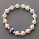 Wholesale Round White Freshwater Pearl and Small Pink Pearl and Fashion Rhinestone Ball Stretch Beaded Bangle Bracelet