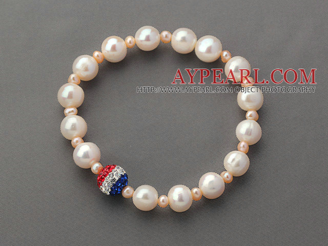 Round White Freshwater Pearl and Small Pink Pearl and Fashion Rhinestone Ball Stretch Beaded Bangle Bracelet