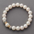 Wholesale A Grade 9.5mm Round White Freshwater Pearl and Yellow Rhinestone Accessories Stretch Beaded Bangle Bracelet