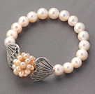 A Grade Round White Freshwater Pearl and Pink Pearl Ball Stretch Beaded Bangle Bracelet with Shell Shape Silver Tibet Accessories