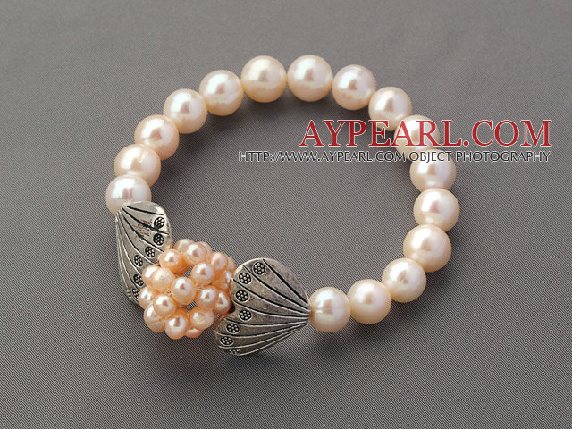 A Grade Round White Freshwater Pearl and Pink Pearl Ball Stretch Beaded Bangle Bracelet with Shell Shape Silver Tibet Accessories