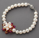 6-7mm Round White Freshwater Pearl and Red Crystal Flower Beaded Bracelet