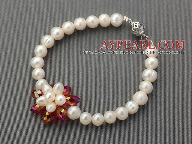 6-7mm Round White Freshwater Pearl and Red Crystal Flower Beaded Bracelet