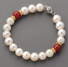 8-8.5mm A Grade Round White Freshwater Pearl and Red Carnelian Beaded Bracelet