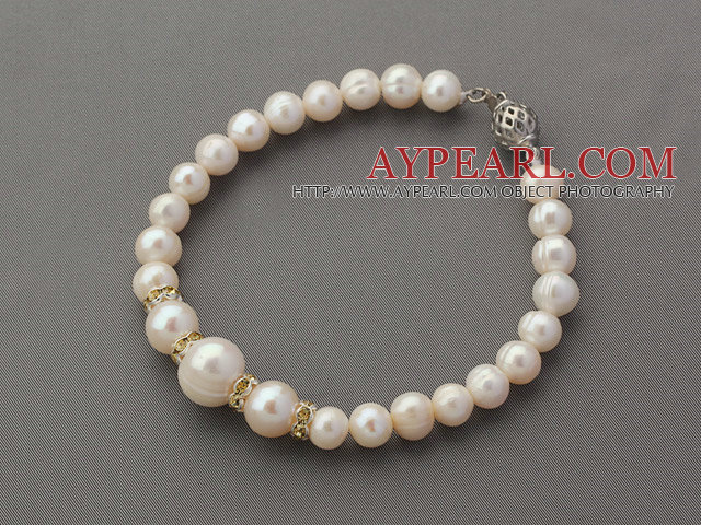 Round White Freshwater Pearl Beaded Bracelet with Yellow Color Rhinestone Spacer Accessories