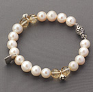 Wholesale A Grade Round White Freshwater Pearl Beaded Bracelet with Citrine and Metal Accessories