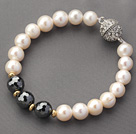 A Grade Round White Freshwater Pearl and Hematite Beaded Bracelet