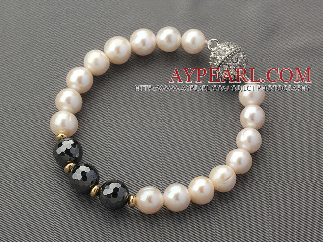 A Grade Round White Freshwater Pearl and Hematite Beaded Bracelet