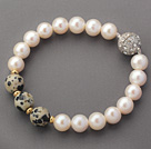 Wholesale A Grade Round White Freshwater Pearl and Spots Stone and Golden Color Metal Beads Bracelet