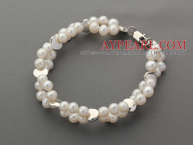 Δύο σειρές White Pearl γλυκού νερού και Silver Metal Αξεσουάρ Βραχιόλι Χρώμα