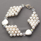 Fashion Style Round White Freshwater Pearl and Clear Crystal Rhombus Bracelet