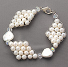 Wholesale Fashion Style Round White Freshwater Pearl and Clear Crystal Rhombus Bracelet