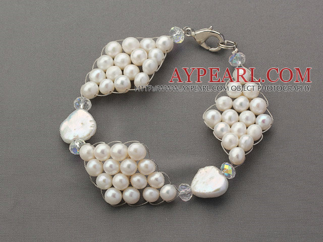 Fashion Style Round White Freshwater Pearl and Clear Crystal Rhombus Bracelet