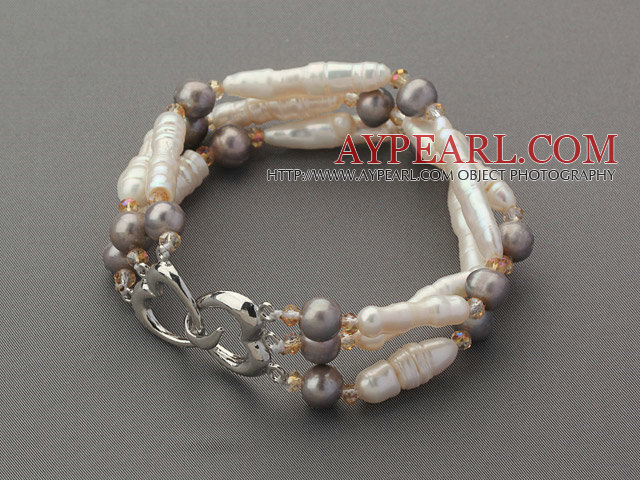 Three Rows Irregular Stick Shape White Pearl and Nearly Round Gray Pearl and Crytal Bracelet