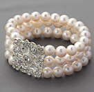 Three Rows A Grade Round White Freshwater Pearl Bridal Beaded Stretch Bangle Bracelet with White Rhinestone Accessory